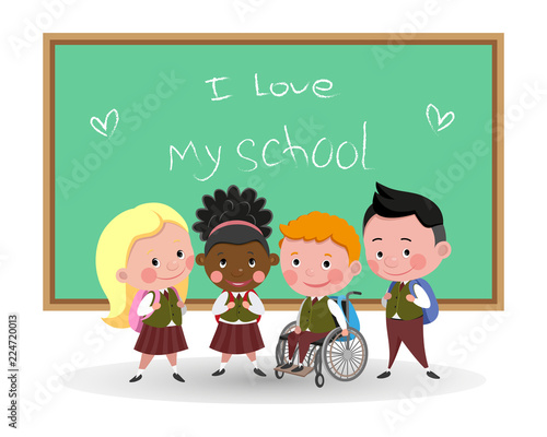 cute smiling students of primary school, among them a disabled boy in a wheelchair. Poster barrier-free environment in school and tolerance.