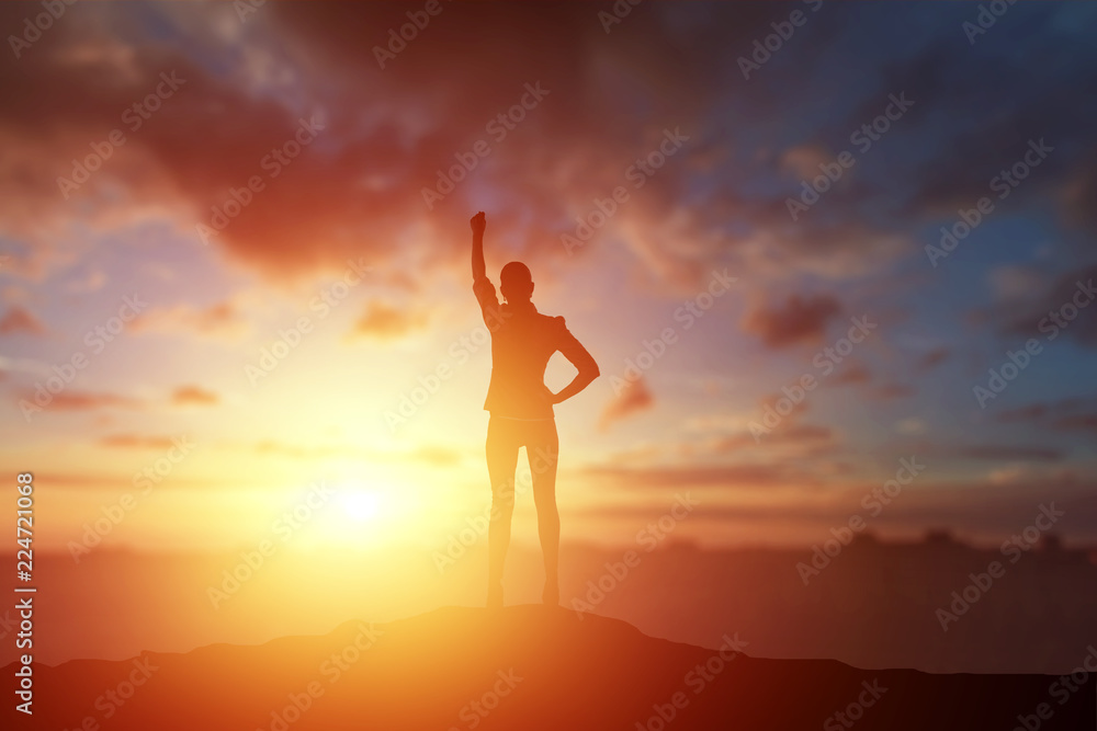 Creative background, business silhouette, business girl on the background of a beautiful, golden sunset. The concept of inspiration, enthusiasm, start-up, feminism symphony.