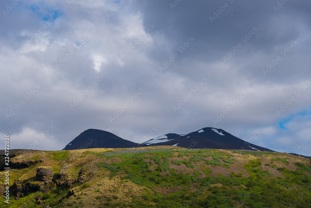Iceland landscape with meadow and alpine mountain peaks Iceland landscape with meadow and alpine mountain peaks