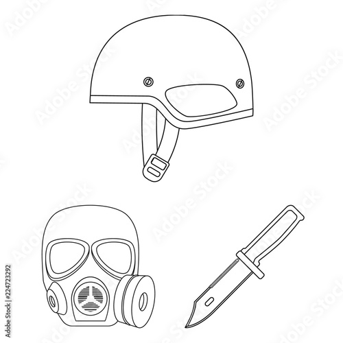 Army and armament outline icons in set collection for design. Weapons and equipment vector symbol stock web illustration.