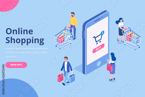 Online shopping isometric concept. Big Sale. Young Women and men characters with shopping bags and shopping carts. Flat vector illustration.