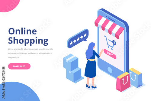 Young Woman buying things online. Big isometric mobile phone.Online shopping isometric concept. Big Sale. Flat vector illustration.