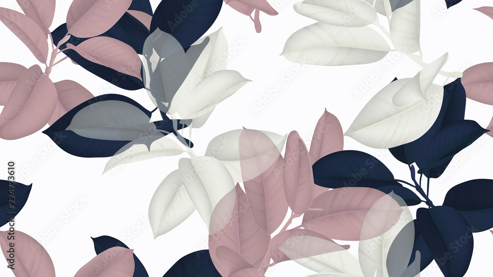 Floral seamless pattern, blue, pink and white Ficus Elastica / rubber plant on white background