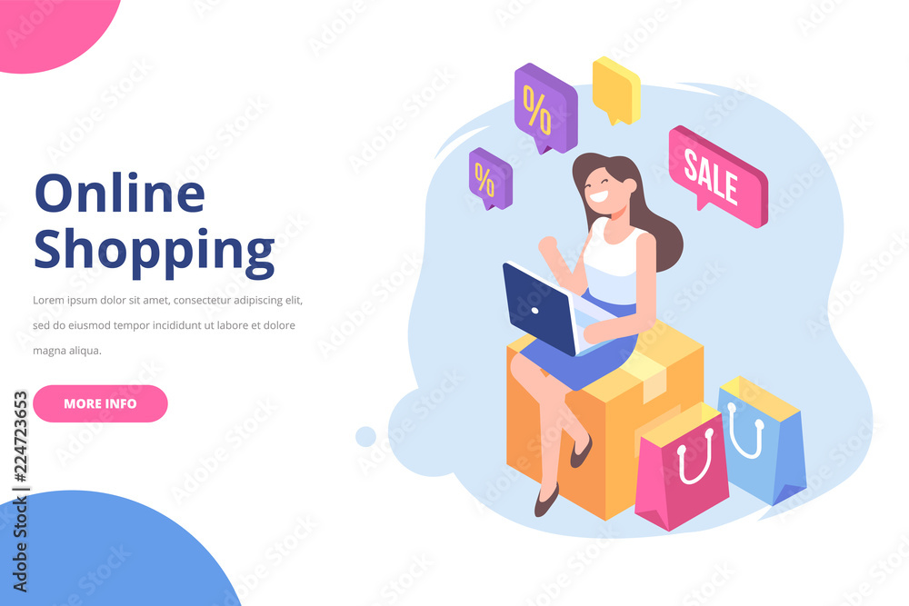 Pretty young woman with laptop sitting on box among colorful shopping bags and making online shopping. Big Sale. Flat isometric vector illustration isolated on white. Pretty young woman with laptop sitting on box among colorful shopping bags and making online shopping. Big Sale. Flat isometric vector illustration isolated on white.