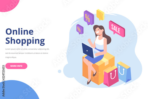 Pretty young woman with laptop sitting on box among colorful shopping bags and making online shopping. Big Sale. Flat isometric vector illustration isolated on white.