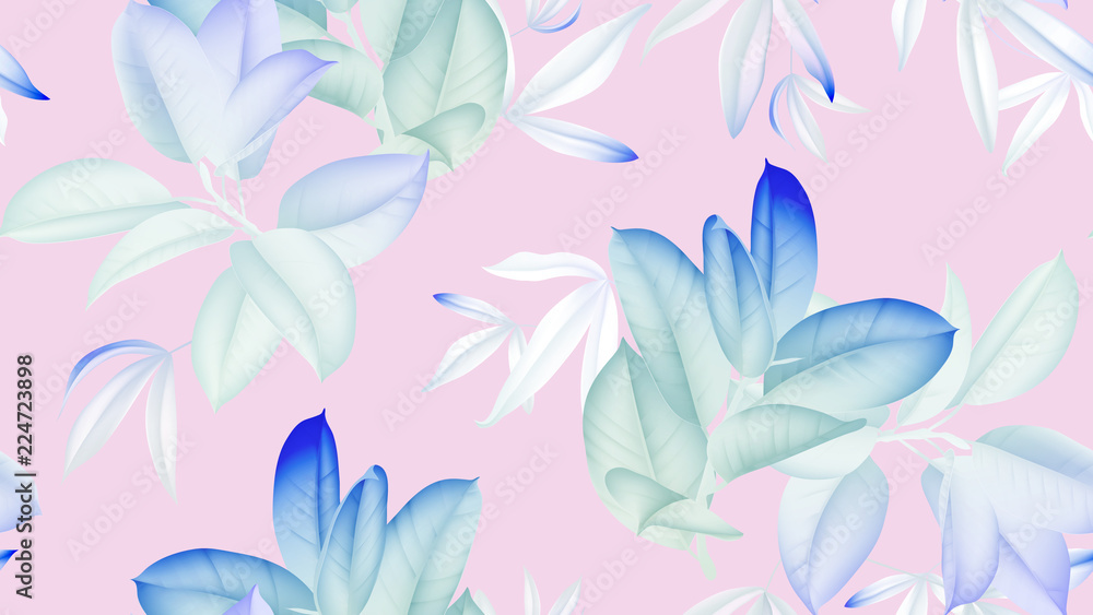 Floral seamless pattern, blue and white Ficus Elastica / rubber plant on pink background