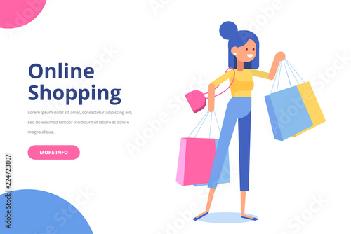 Pretty young woman with shopping bags. Big Sale. Flat vector illustration isolated on white.