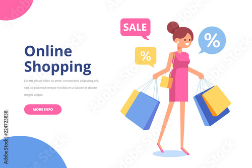 Pretty young woman with shopping bags. Big Sale. Flat vector illustration isolated on white.