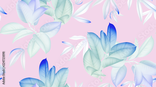 Floral seamless pattern, blue and white Ficus Elastica / rubber plant on pink background