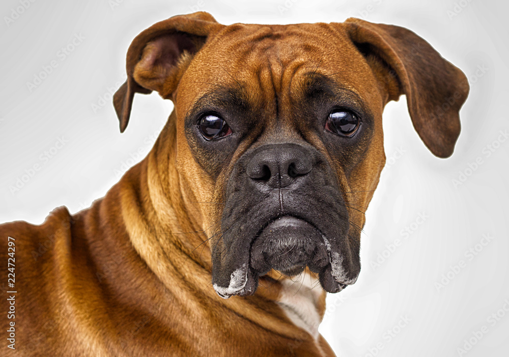 funny portrait of a dog boxer breed on a white background
