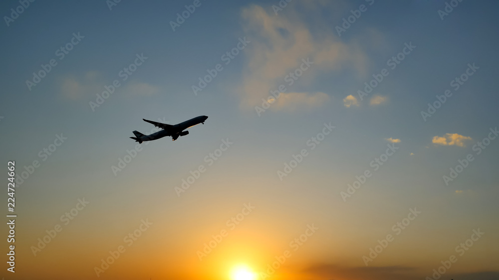 Plane taking off sky sunset sun dusk in airport China. Beijing. Plane taking off sky sunset sun dusk in airport China. Beijing.