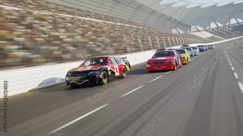 Race Car Speeding Along The Curve Racetrack on stadium during sport event. 4K