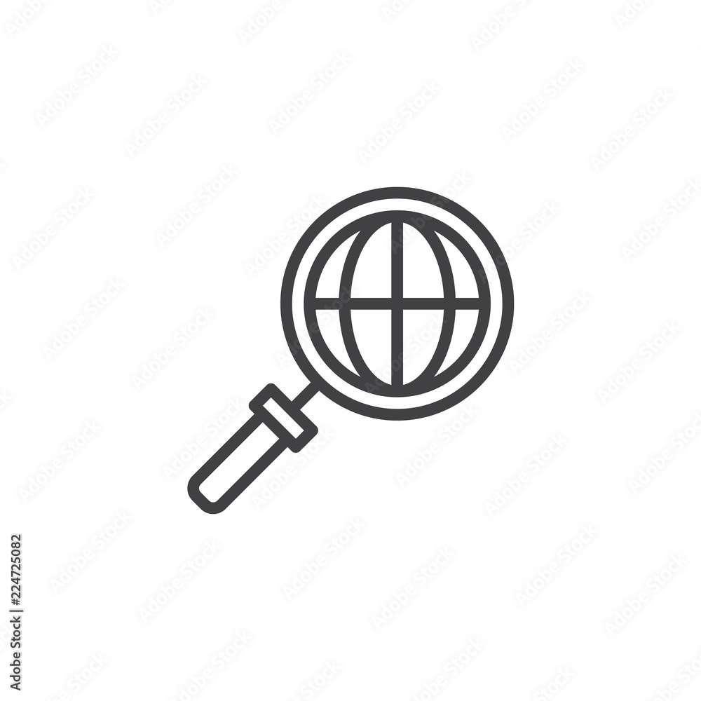 Magnifier with globe outline icon. linear style sign for mobile concept and web design. Globe search simple line vector icon. Symbol, logo illustration. Pixel perfect vector graphics Magnifier with globe outline icon. linear style sign for mobile concept and web design. Globe search simple line vector icon. Symbol, logo illustration. Pixel perfect vector graphics