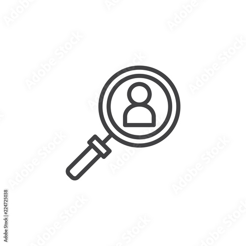 Magnifier with a man outline icon. linear style sign for mobile concept and web design. Search user simple line vector icon. Headhunting symbol, logo illustration. Pixel perfect vector graphics