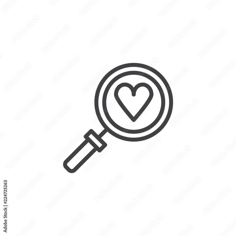 Heart search outline icon. linear style sign for mobile concept and web design. magnifying glass and heart simple line vector icon. Symbol, logo illustration. Pixel perfect vector graphics Heart search outline icon. linear style sign for mobile concept and web design. magnifying glass and heart simple line vector icon. Symbol, logo illustration. Pixel perfect vector graphics