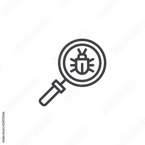 Virus scan outline icon. linear style sign for mobile concept and web design. magnifying glass and virus bug simple line vector icon. Symbol, logo illustration. Pixel perfect vector graphics