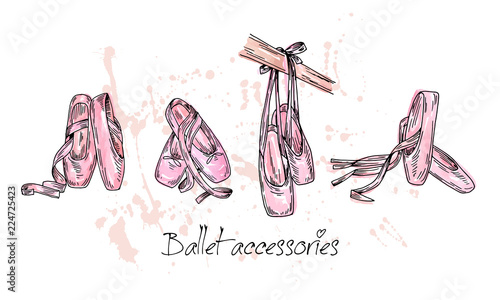 Vector sketch. Ballet accessories, pointes . Vector pen style objects set. Print element.