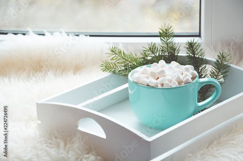 Blue cup of hot chocolate with marshmallow on windowsill with furskin for relax. Holiday concept.