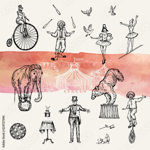 Retro circus performance set sketch stile vector illustration. Hand drawn imitation. Human and animals