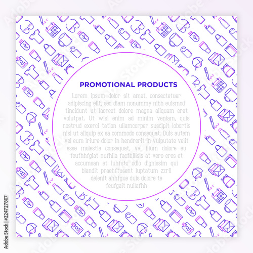 Promotional products concept with thin line icons: notebook, tote bag, sunglasses, t-shirt, water bottle, pen, backpack, cup, hat, travel mug, usb. Vector illustration, print media template.