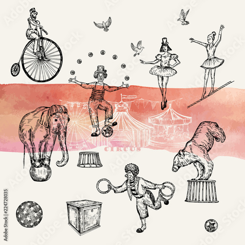 Retro circus performance set sketch stile vector illustration. Hand drawn imitation. Human and animals