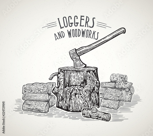 Ax stuck in a wooden stump with split logs, illustration in a graphic style