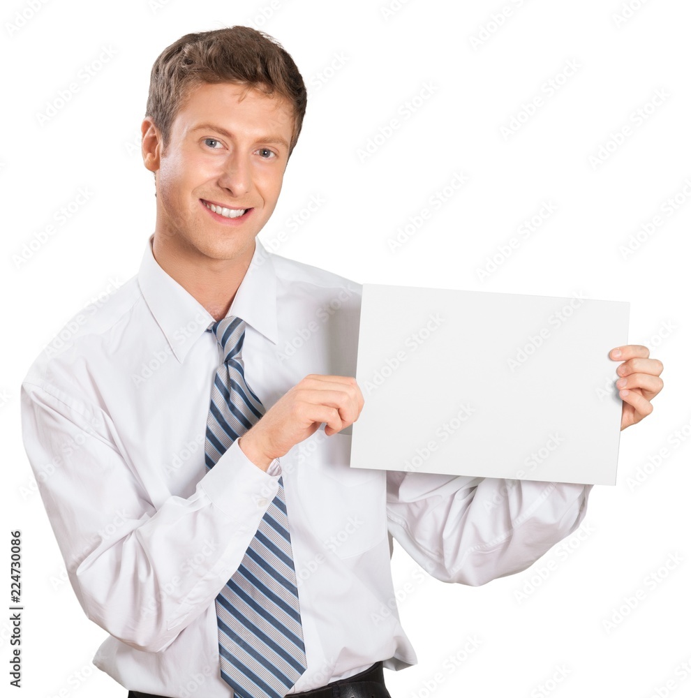 young professional holding a blank banner young professional holding a blank banner