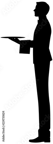 Silhouette of an elegant waiter on a white background in profile with a tray in hand