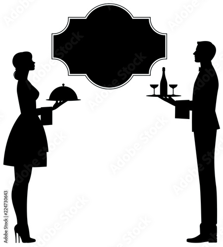 Waiter and waitress with trays in hands silhouette in full length on a white background