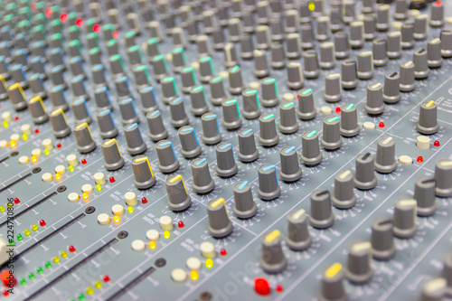 Close up Mixing Console of a big HiFi system, The audio equipment and control panel of digital studio mixer