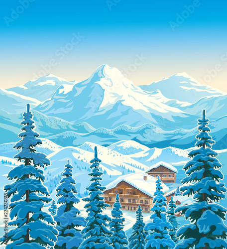 Winter mountain landscape with fir-trees in the foreground with houses similar to the hotels of the ski resort. Vector illustration.