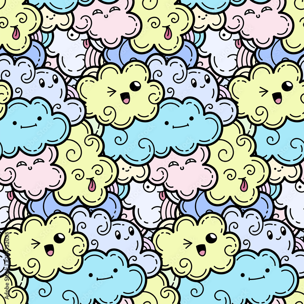 Seamless pattern with funny doodle clouds for prints, designs and coloring books