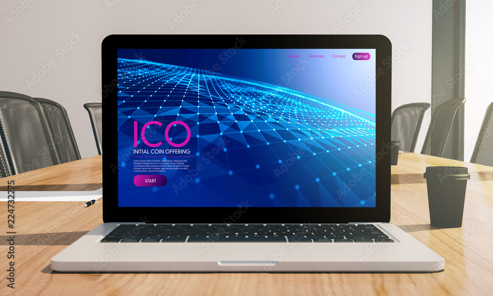 initial coin offering ico screen laptop on conference room mockup initial coin offering ico screen laptop on conference room mockup