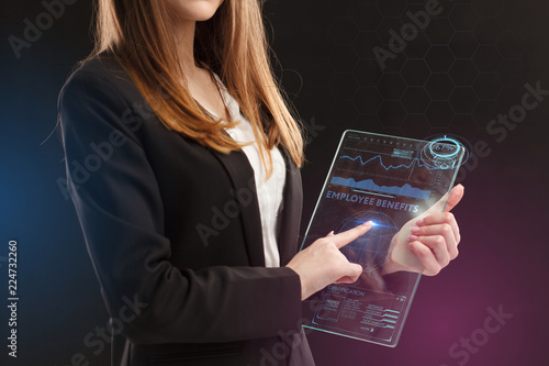 Fototapeta Naklejka Na Ścianę i Meble -  The concept of business, technology, the Internet and the network. A young entrepreneur working on a virtual screen of the future and sees the inscription: Employee benefits