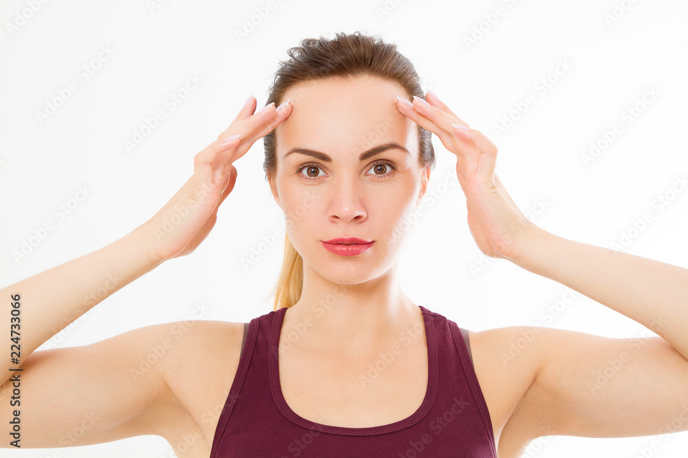Macro Woman face with wrinkles on the forehead. Skin care and spa face beauty. Collagen and face injections concept. Cropped image. Macro Woman face with wrinkles on the forehead. Skin care and spa face beauty. Collagen and face injections concept. Cropped image.