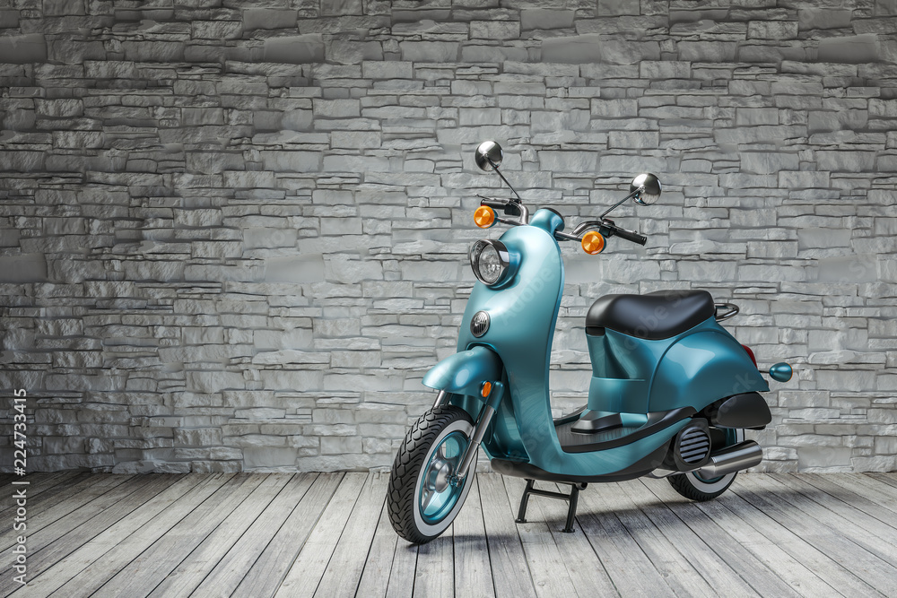Retro scooter in room on brick wall background