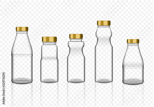 Mock up Realistic Transparent Plastic Packaging Product For Milk,  Soft Drink or Water Juice Bottle With Gold Cap  isolated Background.