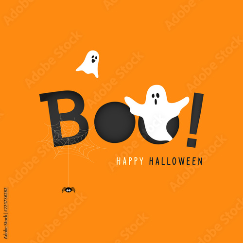 Happy Halloween greeting card vector illustration, Boo! with flying ghost and spider web on orange background.