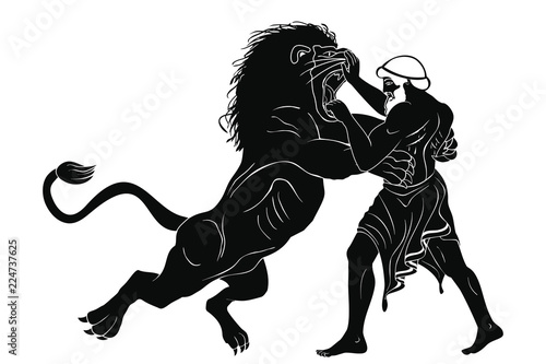 Hercules defeats the Nemean lion. 12 exploits of Hercules. Figure isolated on white background. photo