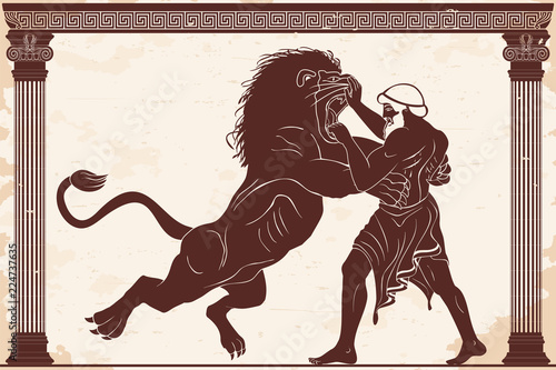 Hercules defeats the Nemean lion. 12 exploits of Hercules. Figure on a beige background with aging effect.