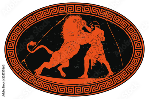 Hercules defeats the Nemean lion. 12 exploits of Hercules. Oval medallion isolated on a white background.