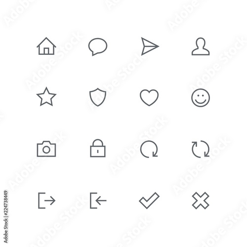 Main outline icon set - home, chat, airplane, man, star, shield, heart, smile face, photo camera, lock, check mark, cross, login, logout and refresh symbol. Internet and social network vector signs.