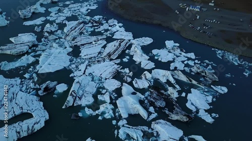 Southern Icelandic drone shot of glaciers at sunset