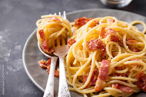 Pasta Carbonara with bacon and parmesan photo