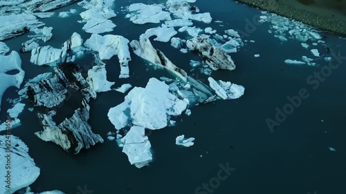 Southern Icelandic drone shot of glaciers at sunset