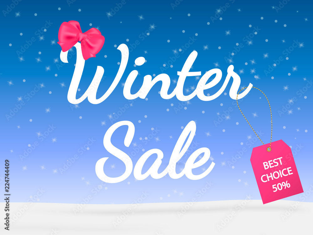 Inscription Winter sale on a snowy background with pink label. Vector illustration