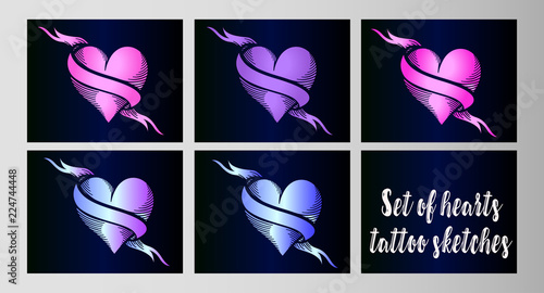 Big set vector sketches of tattoos - bright neon hearts in the style of old s...