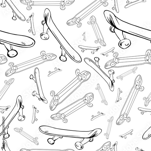 Skateboards seamless pattern. Vector illustraton. seamless pattern white contour cartoon skateboards. Background with skateboards and longboards