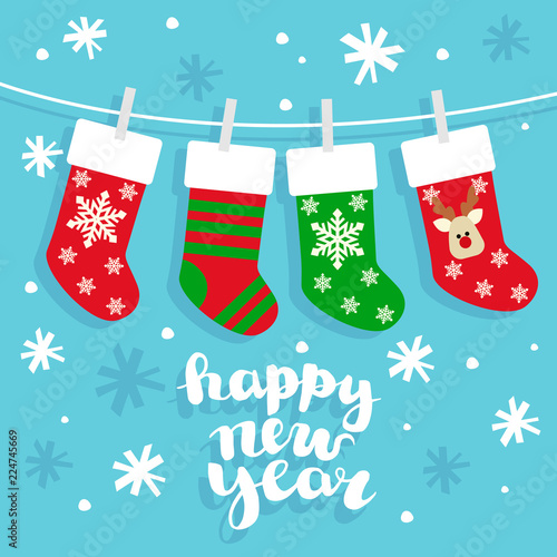 Christmas Socks vector background. Various Christmas socks hanging on a rope.