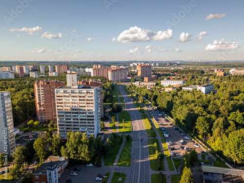 Aerial view on Bolshaya Oktyabrskaya street in Troitsk city - region of New Moscow at summer sunny day
